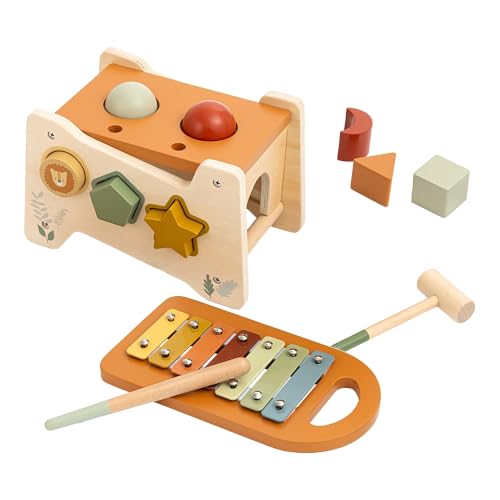 Riverdor Motorikspielzeug ab 1 Jahr - Hammerbank mit Xylophon & Steckspiel | 6 Formen, 7 Klangplatten, 2 Kugeln | Montessori Holzspielzeug Klopfbank | Geschenk zum 1. Geburtstag Baby Kleinkind
