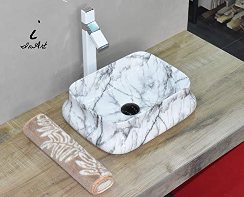 Image of InArt Designer table top wash basin for bathroom /bathroom sink /cabinet wash basin /ceramic basin /counter top basin /vanity washbasin in White Satvario Color 18 x 14 x 5.5 Inch