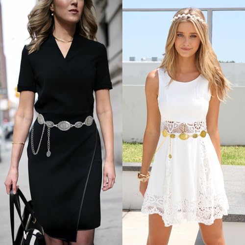2Pcs Women's Concho Chain Belts, Adjustable Oval Metal Waist Chain Vintage Country Belts for Dress Jeans Decoration4