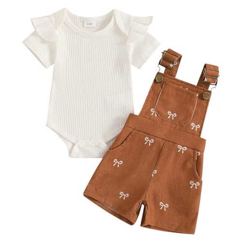 Image of Adobabirl Baby Girl Summer Clothes Ribbed Short Sleeve Romper Bow Print Overalls Shorts Set Infant Cute Summer Outfits