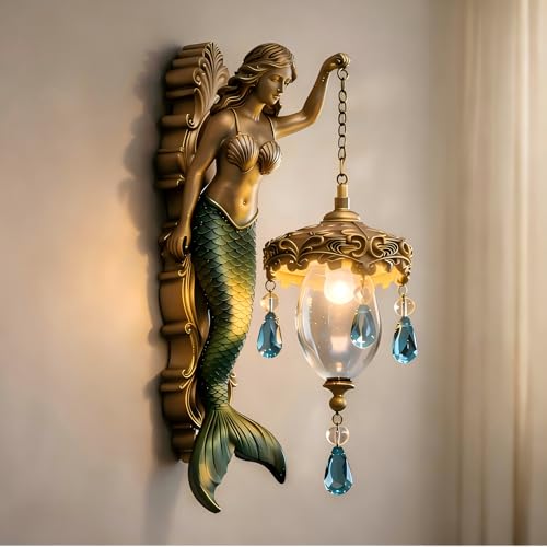 Mermaid Wall Light Vintage Battery Powered Wireless Night Light Elegant Tail Design Soft Glow for Bedroom Hotel Restaurant Decor Fantasy Theme Christmas Gift