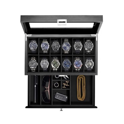 ProCase Wooden Watch Case, 12 Slot Mens Watch Box with Drawer, 2-Layer Mens Jewelry Box Storage Holder Organizer Display Case, Anniversary Birthday Gifts for Men Women -12 Slot, Black