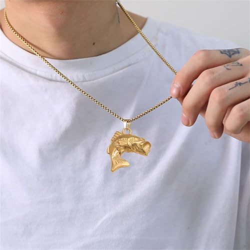Dreuyet Large Mouth Bass Fish Necklace for Men Women Stainless Steel Vintage Jumping Fish Bass Pendant Fisherman Necklace Jeweley (Gold) by Dreuyet - Used condition - Image 4
