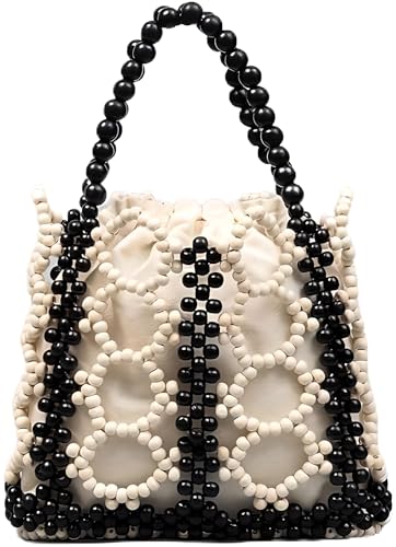 Image of YYW Unique Handmade Wooden Bead Tote Bag for Women, Small Handwoven Clutch Purses Woven Bucket Handbag and Drawstring Handbag