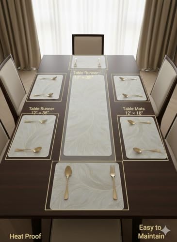 Image of Dining Table Mat and Runner Set for Home Kitchen Reusable Placemat Combo Set for Everyday Dining Use and Table Setup (Modern ractangle Table mat Runner, Pack of 7 (6+1))