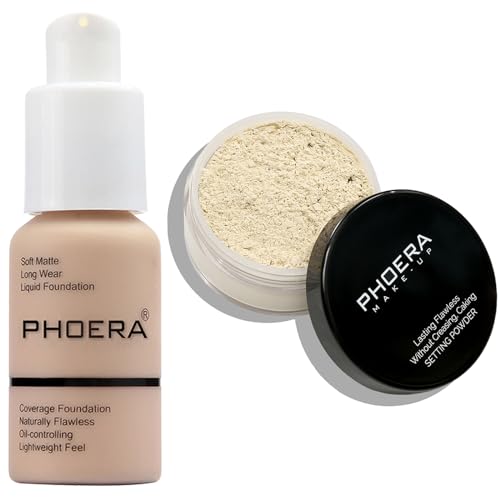 PHOERA Fond de teint, PHOERA poudre pour le visage, poudre fixatrice soft focus, PHOERA fond de teint à couverture complète (102 Nude+N.01 Translucent)