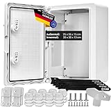 Wasserdichter Schaltschrank 25x35 cm mit Schutzklasse IP65 und umlaufender Dichtung | ABS Kunststoff Schaltkasten mit verzinkter Montageplatte, Verriegelung und umfangreichem Zubehör…