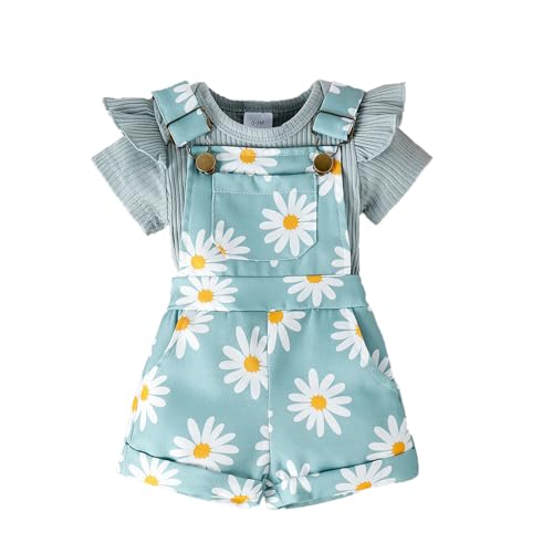 UUAISSO Ropa Para Recién Nacida con Estampado de Margaritas Top con Volantes y Bolsillo Pantalones Cortos con Tirantes Ropa Verano Para Bebé Verde 3 6 meses