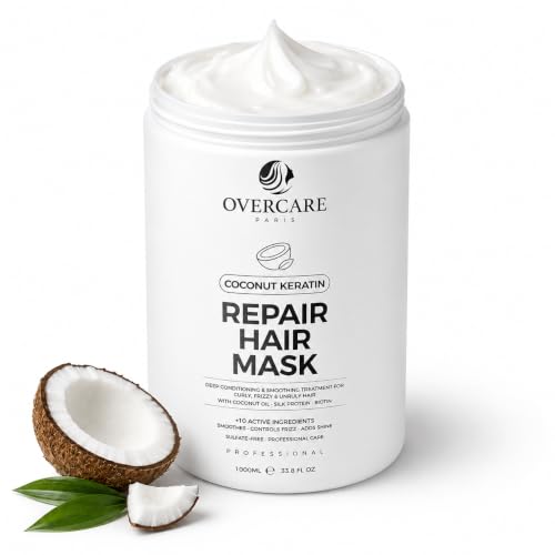 OVERCARE Coconut Keratin Hair Mask for Dry Damaged Hair, Deep Conditioning Treatment for Frizzy Curly Hair, Hydrating Repair with Coconut Oil Silk Protein Biotin, Smooth Shine Frizz Control 1000ml