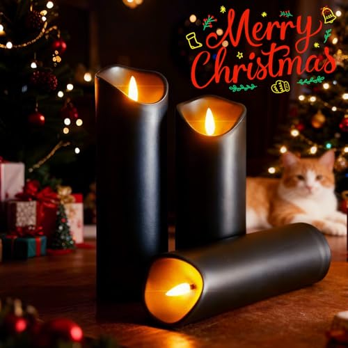 Image of Black Pillar Flameless Candles 3D Wick with Controller,led Slim Candles Flicering Flame,Battery Operated Fake Plastic Candles for Halloween Christmas,Party Decor.(5Pack H 5 inch 5 inch 6 inch 6 inch 7 inch x D 2.2 inch)