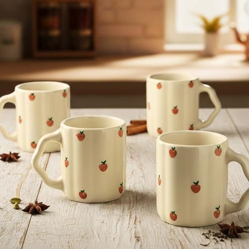 Image of The Earth Store Cream Apple Coffee Mug - 300ML Ceramic Coffee Mugs Set of 4 | Microwave & Dishwasher Safe Mugs for Gift | Home | Office | Restaurant | Daily Use