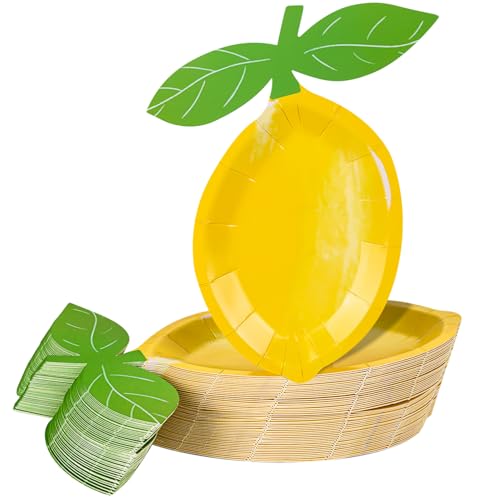 TCSYLSC 50 Pack Lemon Shaped Paper Plates 8.6 x 7 Inch Disposable Yellow Citrus Plates Dessert Plates Fruit Decorative for Lemon Themed Birthday, Baby Shower & Bridal Shower Party Supplies