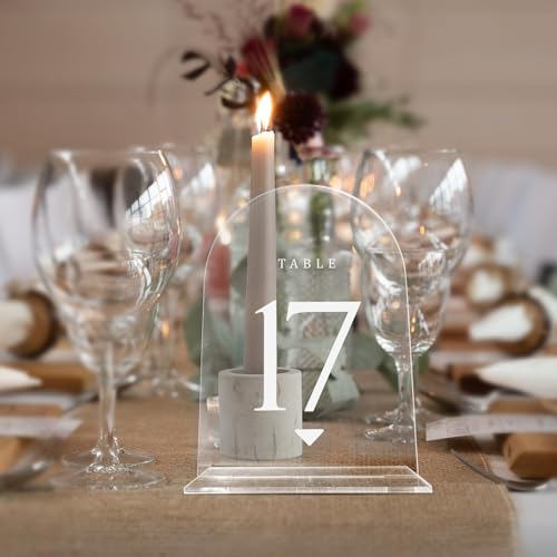 ARROW.C Clear Arch Wedding Table Numbers with Stands 1-20, 5x7 Acrylic Place Cards & Holders for Centerpiece, Decoration, Reception, Party, event, Anniversary (Clear)