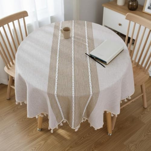 Nesrefyn Round Tablecloth 55 Inch (140cm) - Coffee Linen-Look Polyester Table Cover with Tassel Trim Wrinkle Free & Wipeable for Dining Kitchen Parties