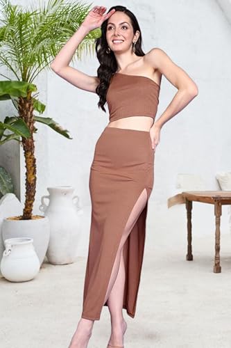Image of POPWINGS Casual Solid Top and Skirt Co-Ord Set for Women | Stylish Western Co-Ord Set for Women | Crop Top and Long Slit Skirt Set for Women