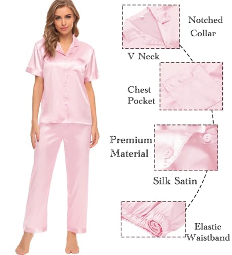 Image of SWOMOG Womens Silk Satin Pajamas Sets 4pcs Sleepwear Sexy Cami Shorts Set and Button Down Short Sleeve Pjs Loungewear