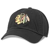 AMERICAN NEEDLE Chicago Blackhawks Officially Licensed NHL Baseball Hat, Casual Relaxed Fit with Curved Brim, Adjustable Buckle Strap Dad Cap, Blue Line Collection, Black (40742A-CBH)