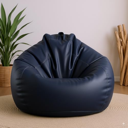 Image of Filled with Beans Faux Leather Bean Bag Chair | Premium Comfortable Durable Stylish Bean Bag for Adults & Kids | Perfect for Living Room, Bedroom, Gaming, Study & Home Decor (Navy Blue, 4XL)