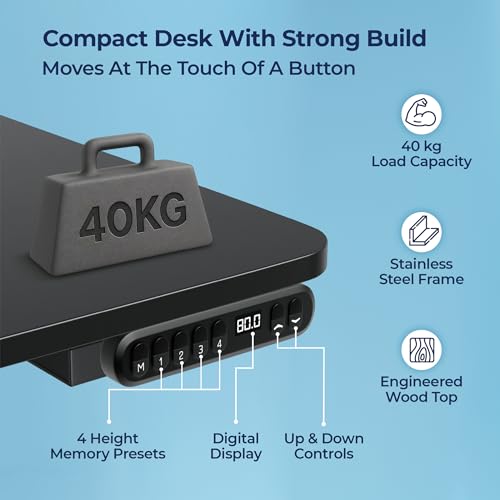 Image of The Sleep Company - AeroMini Electric Height Adjustable Desk | Ergonomic Work from Home Table | 4 Memory Presets | Lockable Wheels | 570 x 500 mm Thick Top | Free Installation | Black & Black