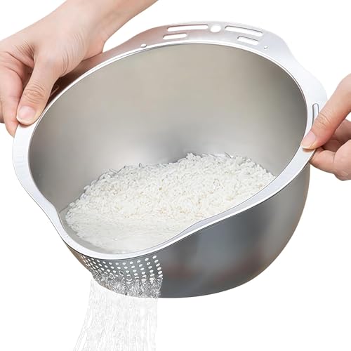 Image of Rice Washer Strainer Bowl, 4-in-1 Quinoa Washer Bowl Stainless Steel Rice Rinser Strainer Sink Colanders with Side Drainers Rinsing Fruits,Vegetables & Beans -Versatile Kitchen Tool