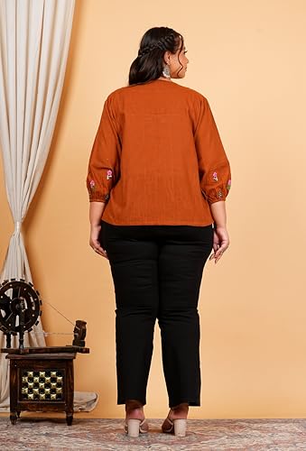 Image of Akiko Women's Plus Size Cotton Slub Fabric Top V-Neckline Embroidered Sleeves