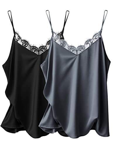 Image of Ekouaer Women's Satin Lace V Neck Camisole Tops Pajama | Women's Satin Camisole Lace Pajama Tank Tops V Neck Soft Spaghetti Strap Loose Sleepwear