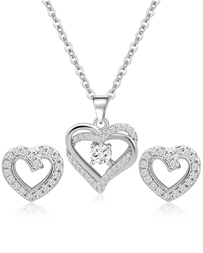 Watforsh Silver Heart Shaped Jewelry Set Cubic Zirconia Heart Pendant CZ Adjustable Necklace and Simple Small Stud for Women