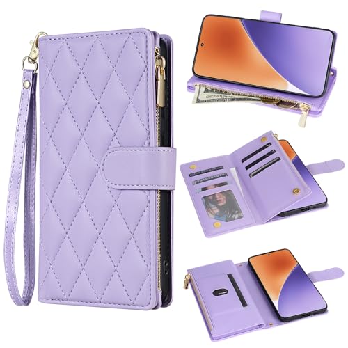 Asuwish Funda para Xiaomi 15 5G Funda con Banda Tarjetero Plegable Cuero Monedero Soporte Mi Cremallera Fundas Móviles Wallet Cover Teléfono Móvil Fundas Protectora Phone Case Lila