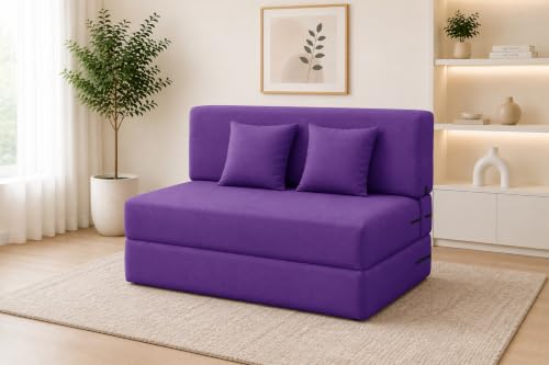 Image of Los Angeles Foldable Two Seater Sofa Cum Bed, Sofa Bed 4 X 6 Feet Jute Fabric Washable Cover- Including Cushion Perfect for Living Room - Purple Color