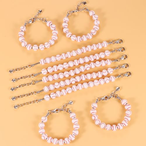 9-Pack Baseball Bracelets with 13 PCS Wooden Beads,Baseball Bracelet Strung with Stainless Steel Chain & Adjustable 18+4cm Length, Mini Heart Charm, Perfect for Baseball Team Gifts2