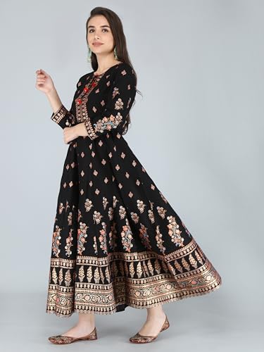 Image of Aj Art Anarkali Kurti for Women and Girls Floral Golden Print Regular Slim Fit Rayon Blue (Set of 1)