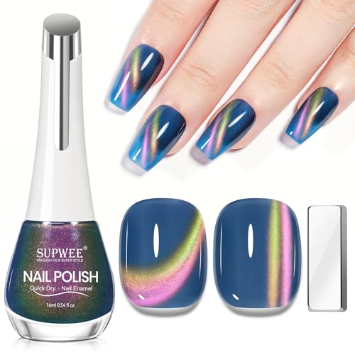 SUPWEE Quick Dry Blue Cat Eye Nail Polish, Magnetic Nail Polish Non Gel with Magnet Cat Eye Fingernail Polish Air Fast Drying Manicure Gift For Women Girls 16ml/0.54 oz