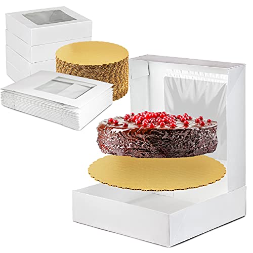 One-Day Sale: Up to 60% Off [25 Sets] 10x10x2.5 White Bakery/Pie Box with Window and 10 Inches Round Gold Base Circle Board - Cardboard Gift Packaging for Cake, Cupcake, Cookies, Pastry, Auto-Popup Restaurant Containers