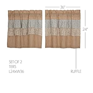 VHC Brands Kaila Country Cottage Ruffled Gold Ticking Stripe Curtain Tier Set 24Lx36W