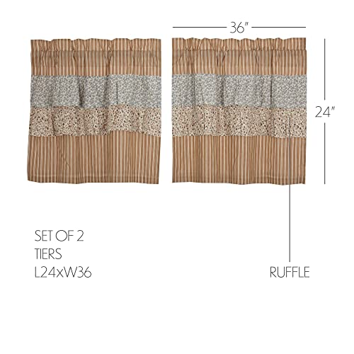 VHC-Brands-Kaila-Country-Cottage-Ruffled-Gold-Ticking-Stripe-Curtain-Tier-Set-24Lx36W VHC Brands Kaila Country Cottage Ruffled Gold Ticking Stripe Curtain Tier Set 24Lx36W