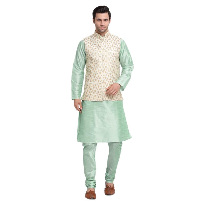 Image of KRAFT INDIA Men's Stylish Silk Kurta with Churidar & Nehru Jacket Set