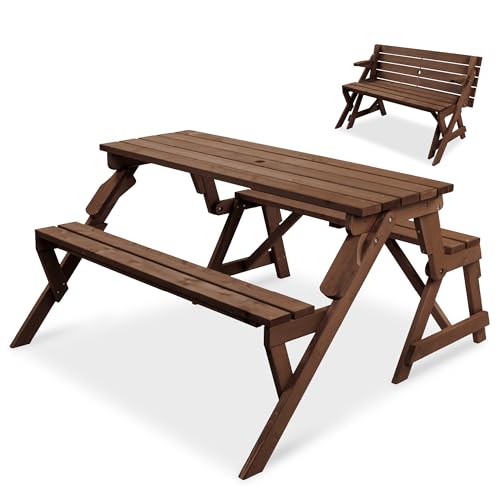 Best Choice Products 2-in-1 Transforming Interchangeable Outdoor Wooden Picnic Table Garden Bench for Backyard, Porch, Patio, Deck w/Umbrella Hole - Walnut