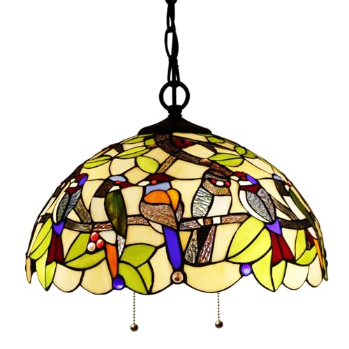 Image of 16Inch Tiffany Lamp Shade Replacement Only (Double Birds Amber) | Stained Glass Lampshade Fit For Table Lamps FLoor Lamp Ceiling Fixture Pendant Hanging Light Home Office Decoration