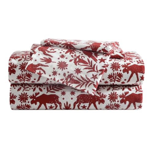 Image of Eddie Bauer 3 Pc Flannel Sheets Twin Size - 100% Cotton Breathable & Soft Twin Sheets Set (1 Flat, 1 Flannel Fitted Sheet & 1 Pillowcase) - 12 inch Deep Pocket All Seasons Sheet Set (Arcadia Red)