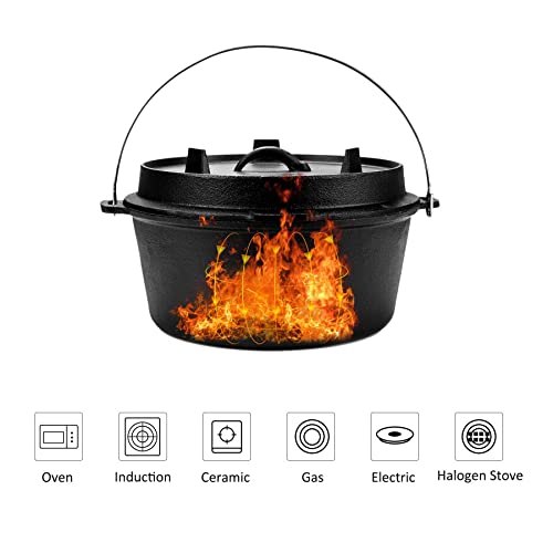 Dartmoor 9 Quart Pre-Seasoned Cast Iron Dutch Oven With Lid And Lid Lifter Tool Outdoor Deep Camp Pot For Camping Fireplace Cooking Bbq Baking Campfire 9 Qt #TOP3