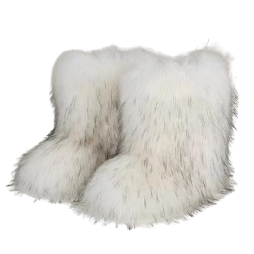Chlemeter Womens Faux fur Boot Warm Comfortable Outdoor Flat Shoes Furry Fluffy Short Snow 2026 Boot Mid-Calf Boots (White-1 Adult Women 11 Numeric US Footwear Size System Medium)