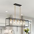 Sicddde 5-Light Dining Room Light Fixture, Farmhouse Kitchen Island Lighting, Modern Black and Gold Rectangle Chandedlier Over Table with Clear Glass Shade, L35.4 Inch