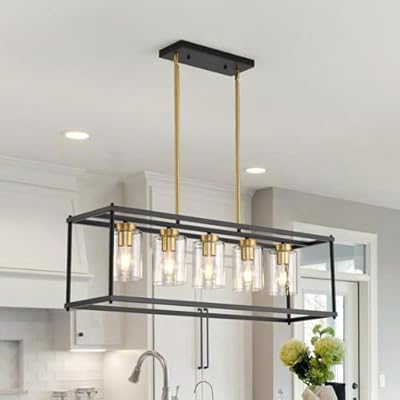 Sicddde 5-Light Dining Room Light Fixture, Farmhouse Kitchen Island Lighting, Modern Black and Gold Rectangle Chandedlier Over Table with Clear Glass Shade, L35.4 Inch