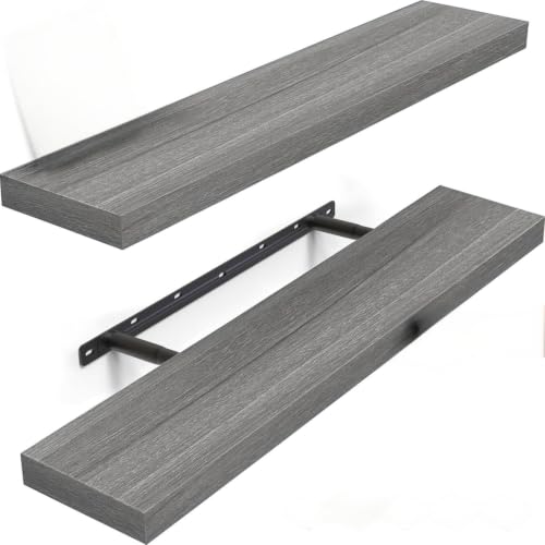 Image of BAYKA Floating Shelves Black-Grey, Rustic Wood Wall Mounted Shelves for Bathroom, Bedroom, Living Room, Kitchen, Hanging Shelf for Storage Decor, 22.5 inches, Set of 2