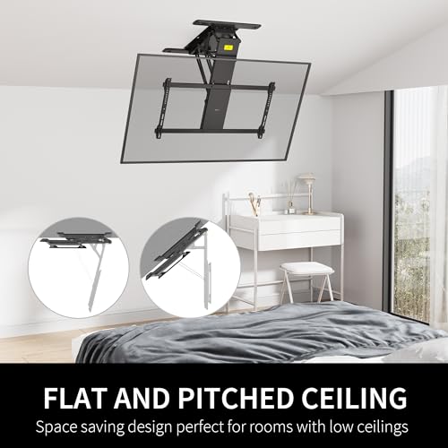 Image of VIVO Black Electric Ceiling TV Mount for 40 to 85 in Screens, MOUNT-E-FD85 | Large Motorized Flip Down TV Mount, Pitched Roof VESA Mount, Heavy Duty Steel Design, Low Profile, Master Pack, Holds 110 lbs