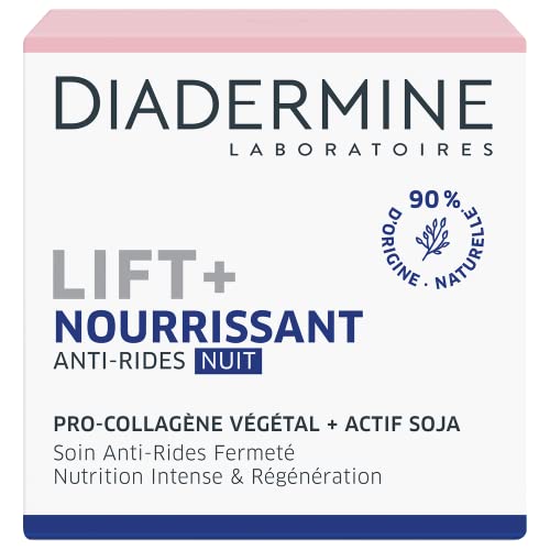 Diadermine - Lift+ Nourrissant - Crème de Nuit Visage - Soin Anti-Rides Ultra Fermeté - Pro-Collagène végétal et actif soja - 90% d'ingrédients d'origine naturelle - Pot de 50 ml