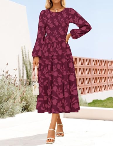 ZESICA Women's Fall Boho Floral Midi Dress 2025 Casual Long Sleeve Crewneck Flowy Wedding Guest Long Dresses3