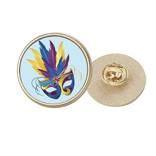 Broche ronde carnaval de Venise tête de plume bleue en métal doré M
