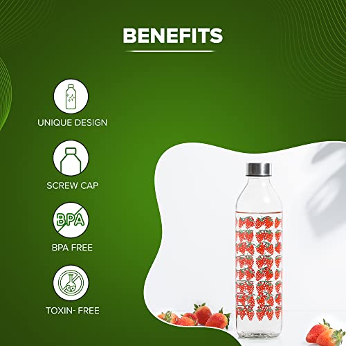 Image of SAND DUNE Set of 6, 800 ml Each Fresh Strawberry Printed Glass water bottle, with Leak-Proof Airtight Stainless-Steel Lid for Water, Smoothie, Juices - Reusable Travel Glass Drinking Fridge Bottles