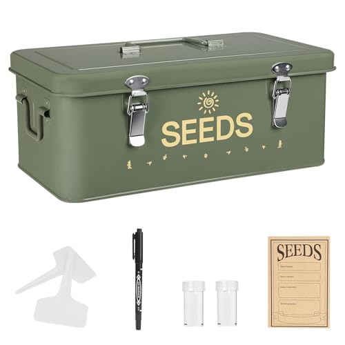 Sugoods Metal Seed Storage Box with Safety Locks Large 4-Compartment Seed Organizer Kit with 30 Envelopes 30 Plant Labels & 5 Plastic Bottles1 Mark Pen Lockable Seed Saving Bin for Gardeners